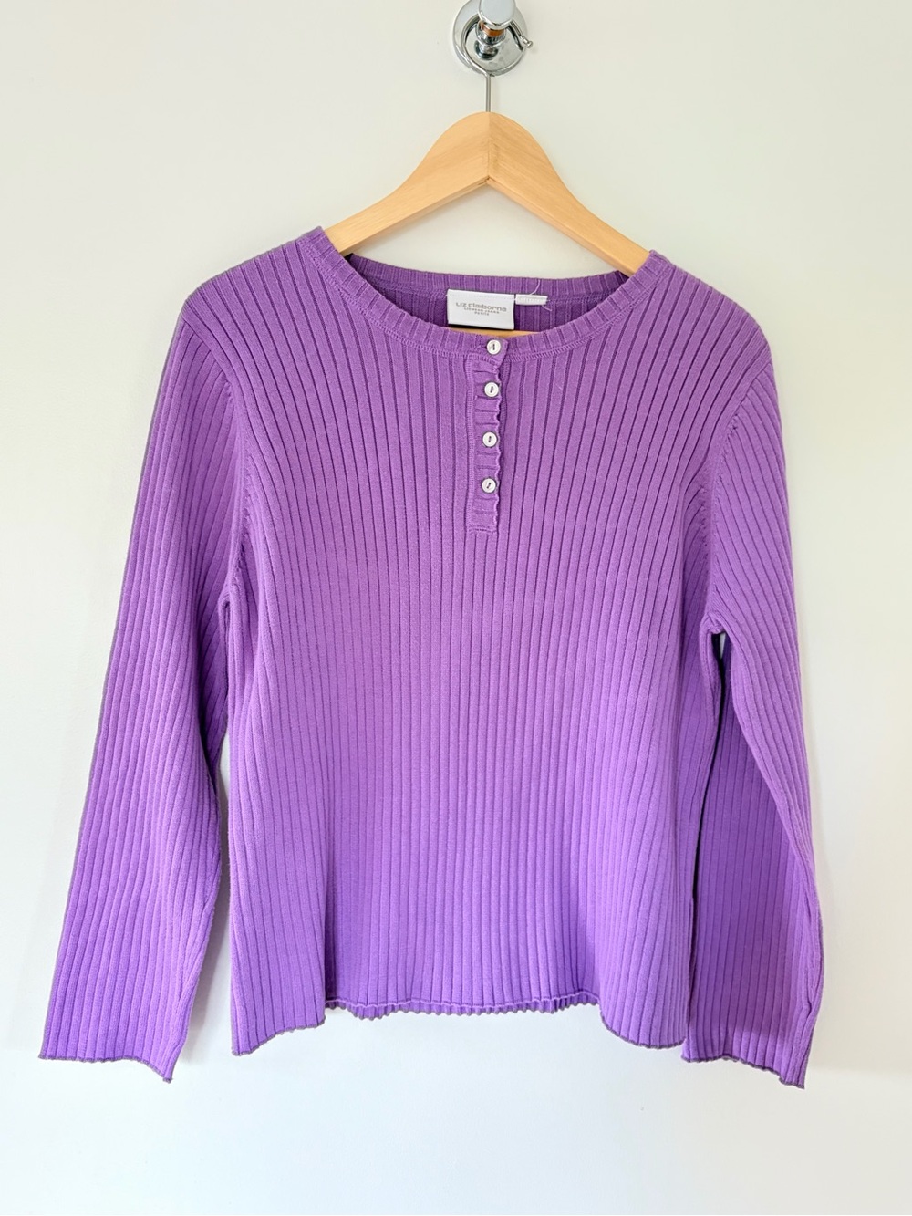 Y2K Liz Claiborne Lavender Ribbed Henley Long Sleeve Top Small